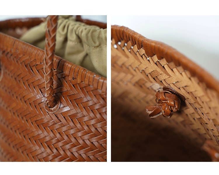 Carmel- Sac seau en cuir véritable tissé à la main