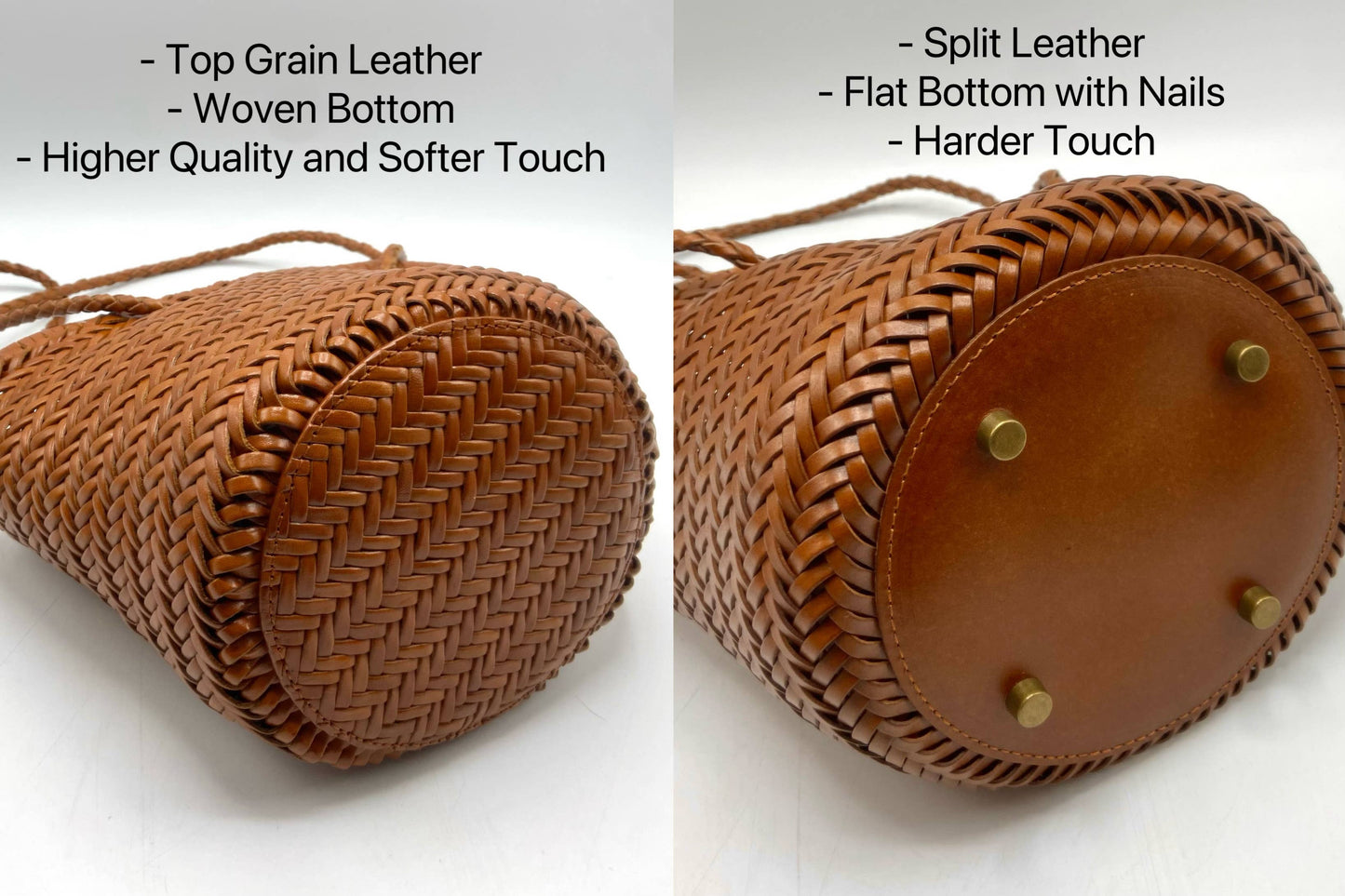 Carmel- Sac seau en cuir véritable tissé à la main