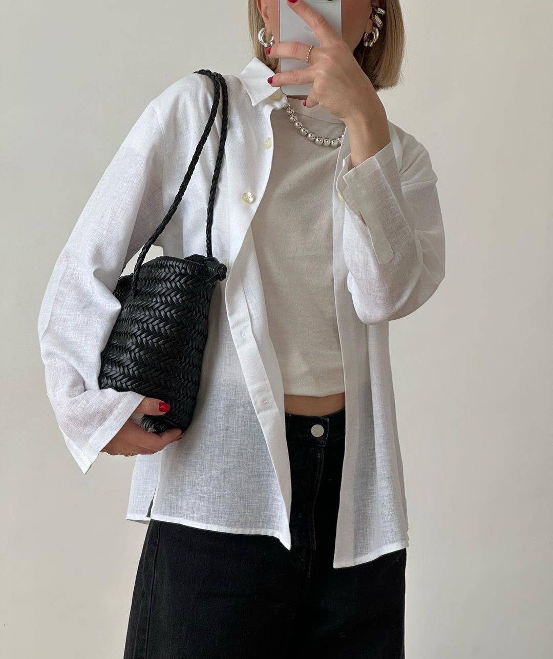 Carmel- Sac seau en cuir véritable tissé à la main