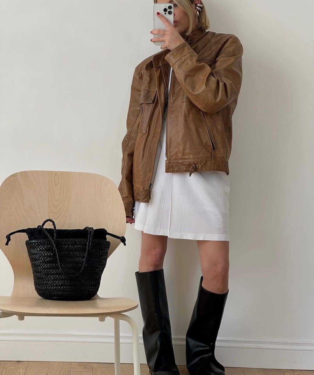 Carmel- Sac seau en cuir véritable tissé à la main