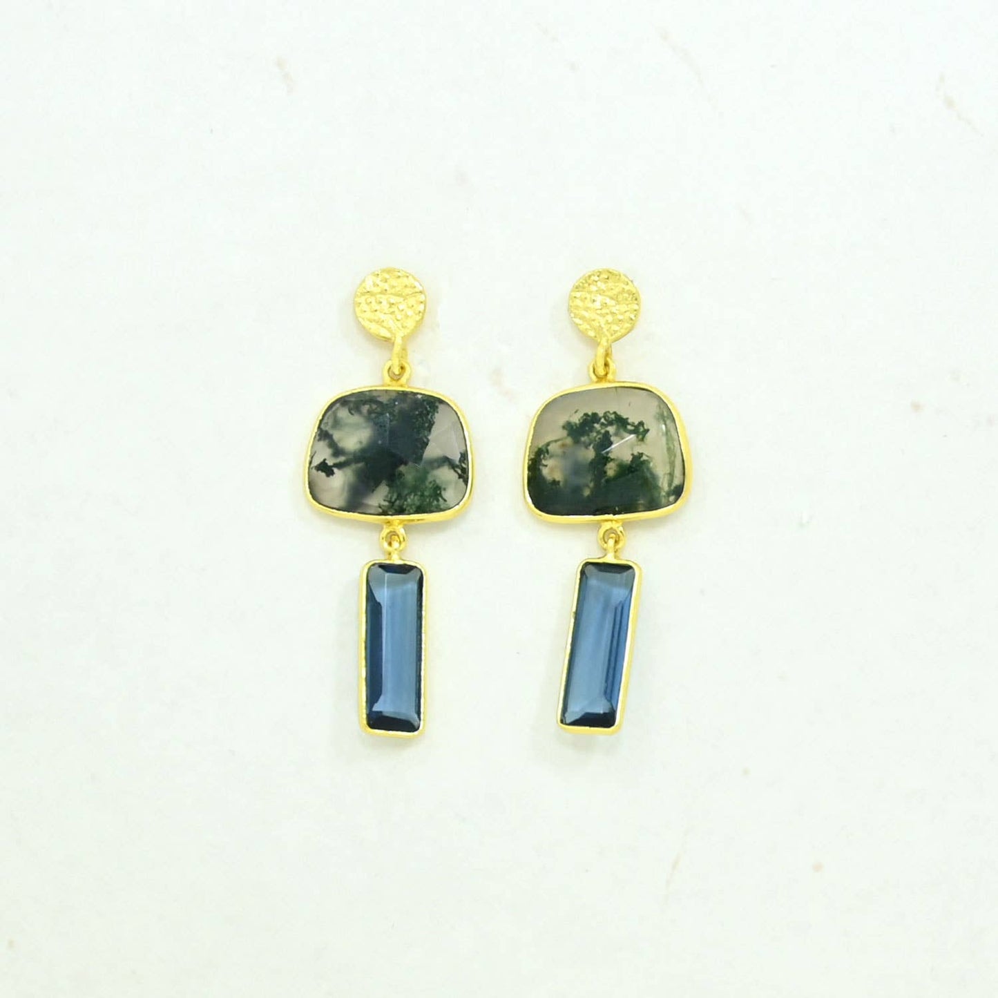 Boucles d'oreilles Jody dorées - Iolite bleue et agate mousse verte