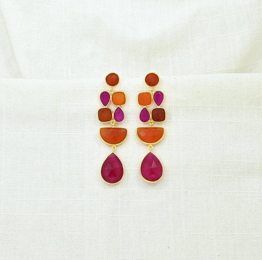 Boucle d'oreille Cocktail dorée - Onyx rose fuchsia et cornaline