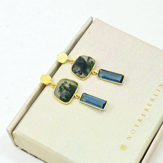 Boucles d'oreilles Jody dorées - Iolite bleue et agate mousse verte