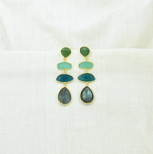 Boucle d'oreille longue géométrique - Labradorite, jade bleu et aventurine