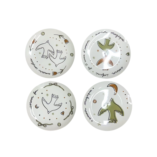 Set de 4 assiettes dessert amour oiseaux doré D19cm